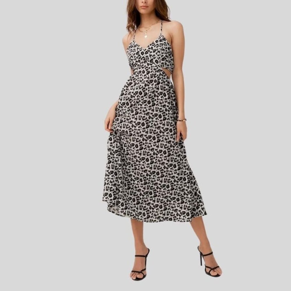Leopard Print Cut-Out Deep V Maxi Dress